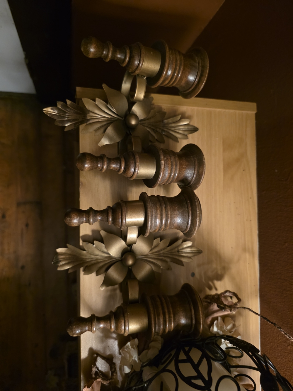 Set of Ornate Wooden and Gold Candle Sconces